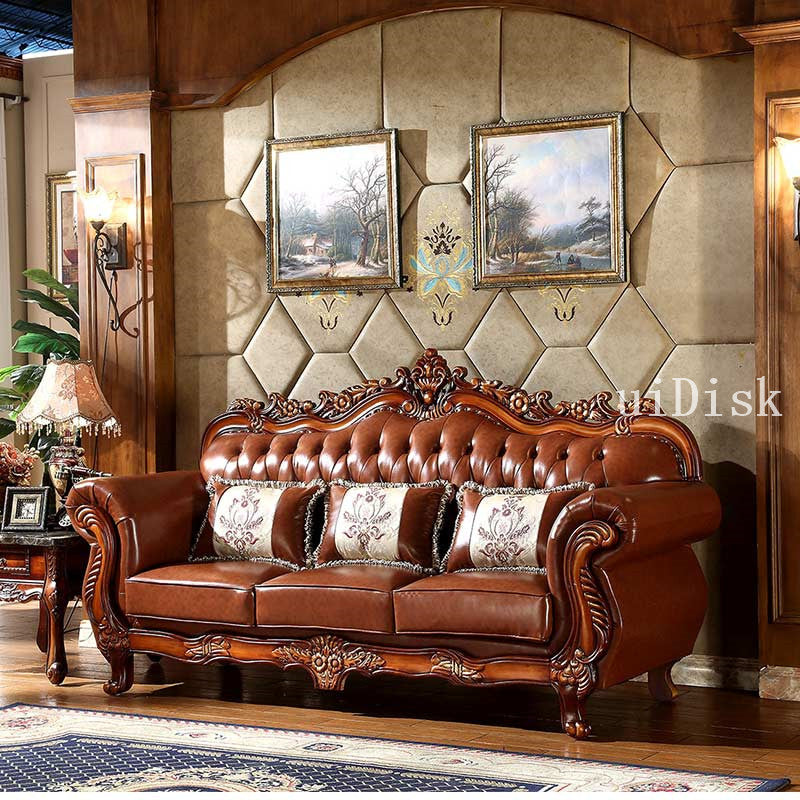 Solid wood leather sofa classical carved decoration living room combination luxury furniture