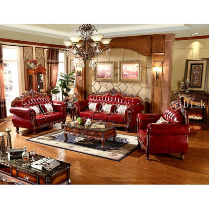 Solid wood leather sofa classical carved decoration living room combination luxury furniture