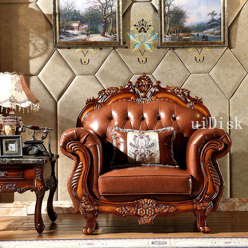 Solid wood leather sofa classical carved decoration living room combination luxury furniture