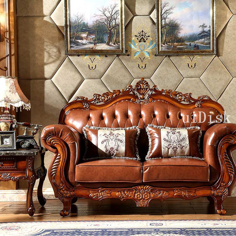 Solid wood leather sofa classical carved decoration living room combination luxury furniture